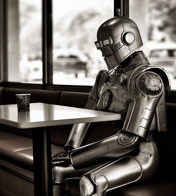 Image of a robot sitting alone in a coffee shop